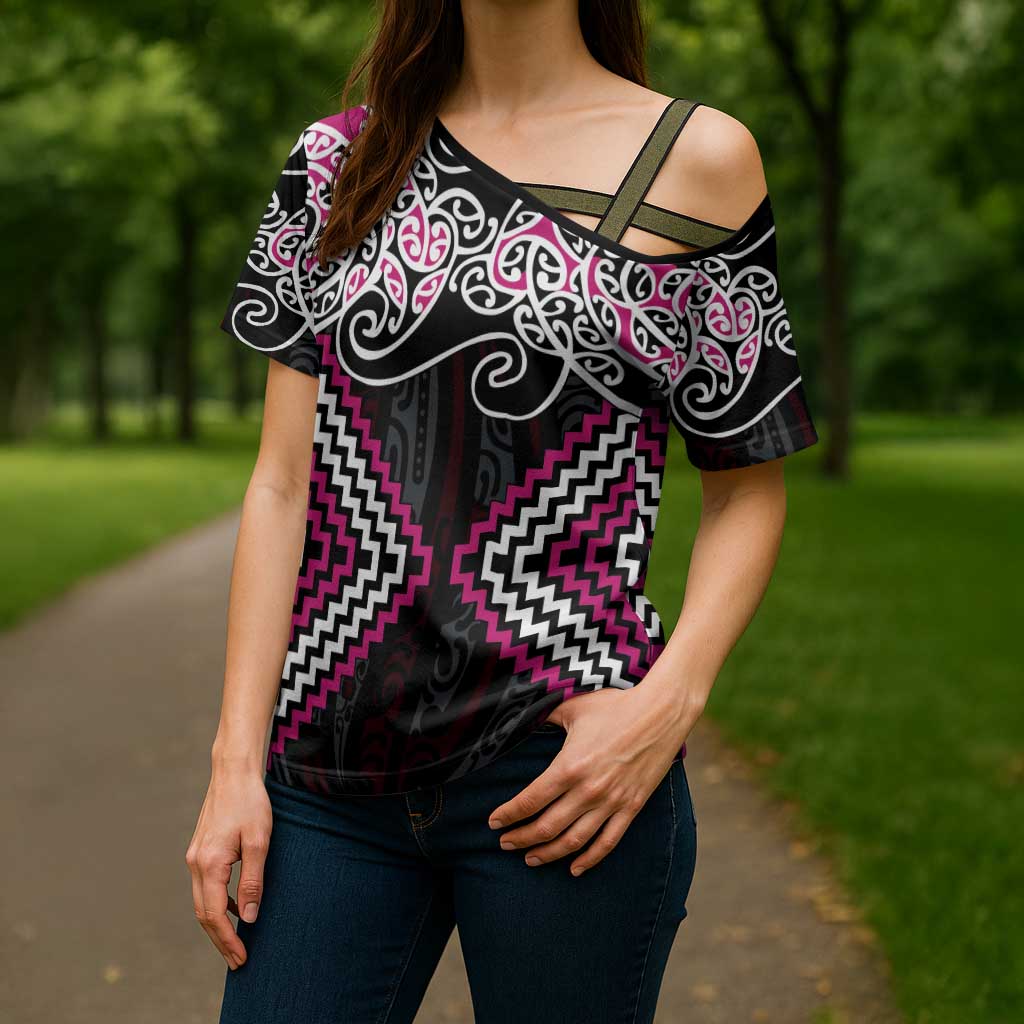 Pink Aotearoa Tukutuku Manawa Tapu Cross Shoulder Shirt Ta Moko Toi Maori - Polynesian Pride