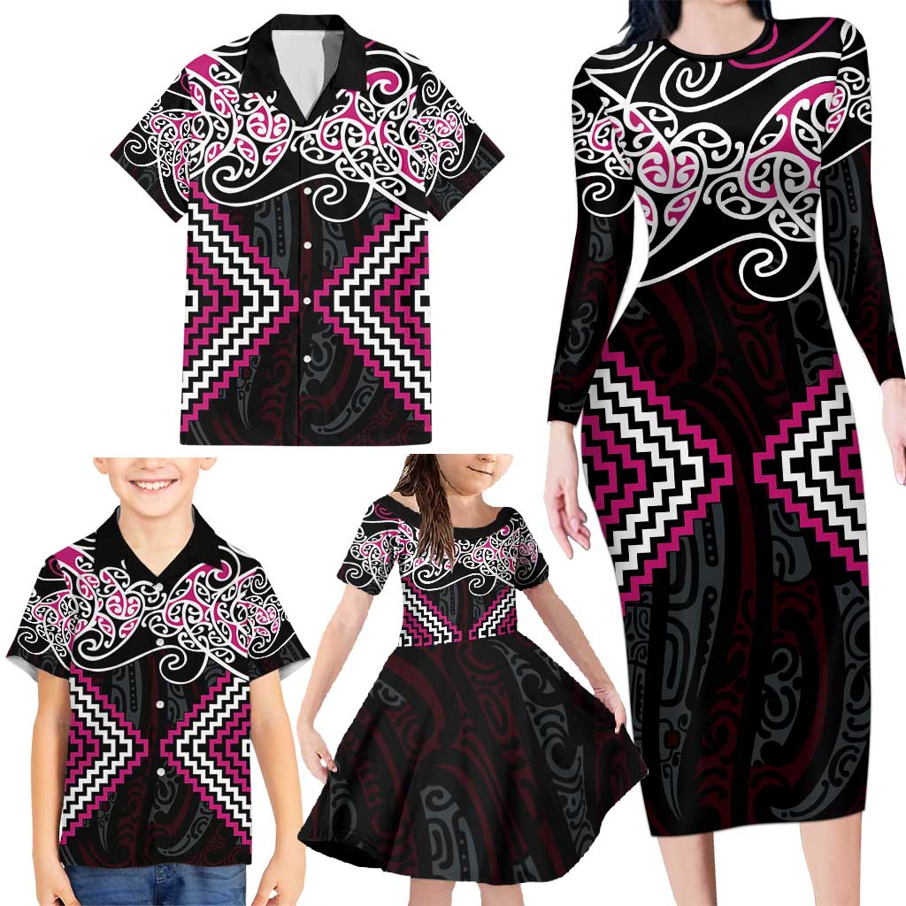 Pink Aotearoa Tukutuku Manawa Tapu Family Matching Long Sleeve Bodycon Dress and Hawaiian Shirt Ta Moko Toi Maori LT9 - Polynesian Pride
