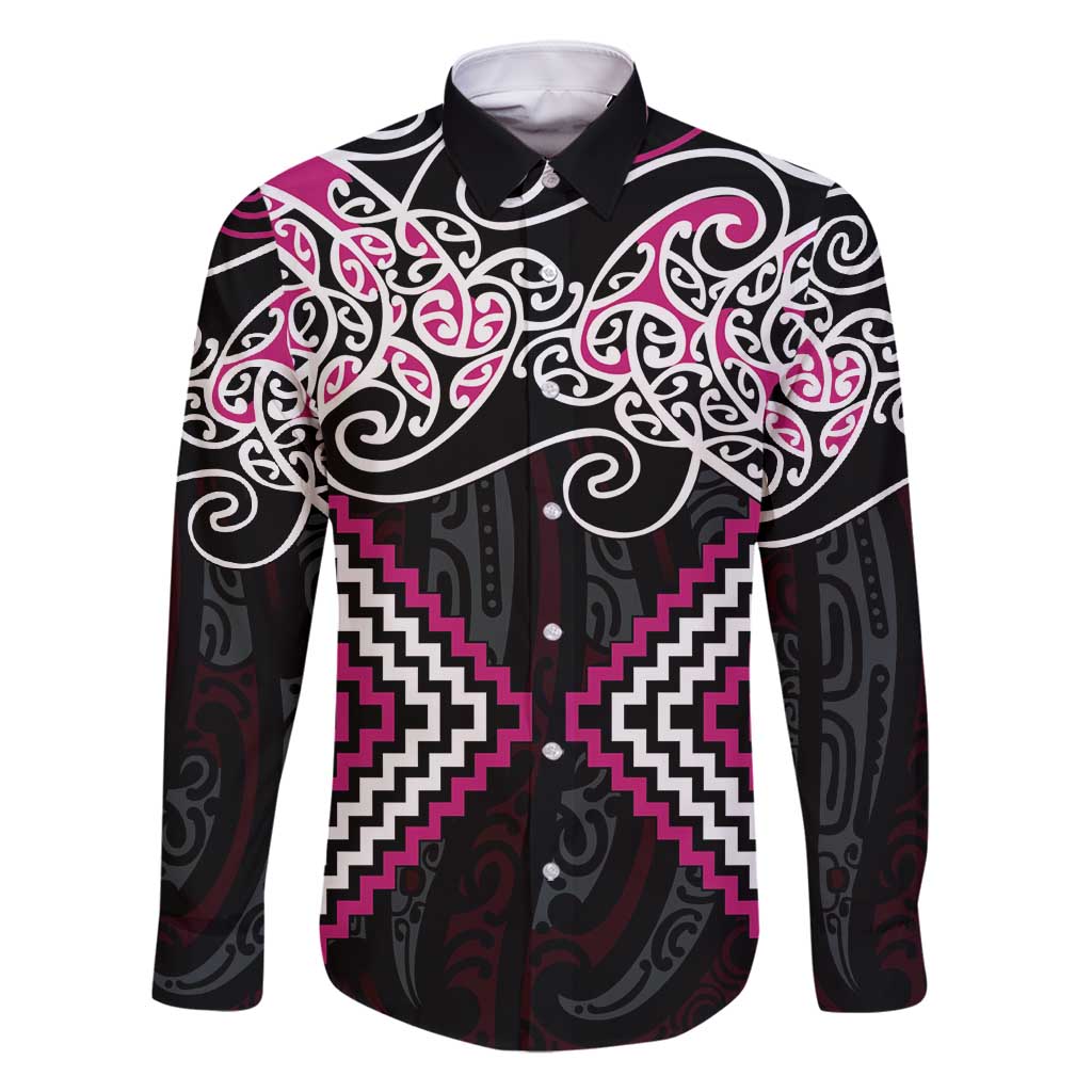 Pink Aotearoa Tukutuku Manawa Tapu Family Matching Long Sleeve Bodycon Dress and Hawaiian Shirt Ta Moko Toi Maori LT9 Dad's Shirt - Long Sleeve Pink - Polynesian Pride