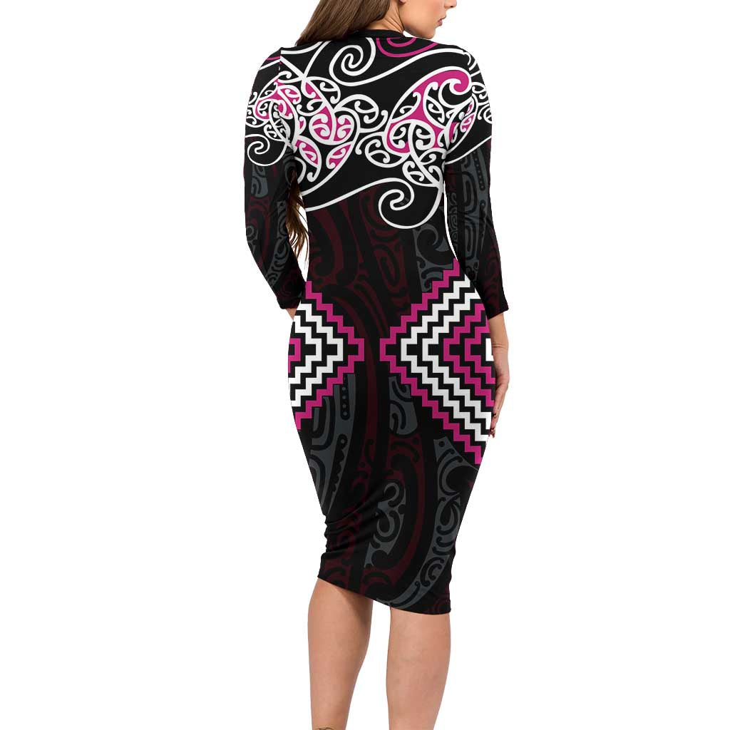 Pink Aotearoa Tukutuku Manawa Tapu Family Matching Long Sleeve Bodycon Dress and Hawaiian Shirt Ta Moko Toi Maori LT9 - Polynesian Pride