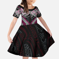 Pink Aotearoa Tukutuku Manawa Tapu Family Matching Off Shoulder Maxi Dress and Hawaiian Shirt Ta Moko Toi Maori LT9 Daughter's Dress Pink - Polynesian Pride