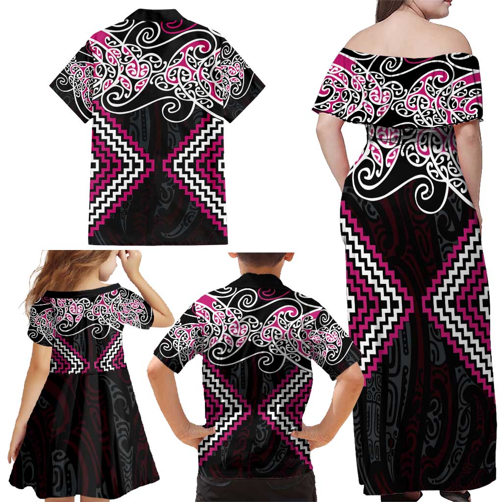Pink Aotearoa Tukutuku Manawa Tapu Family Matching Off Shoulder Maxi Dress and Hawaiian Shirt Ta Moko Toi Maori LT9 - Polynesian Pride