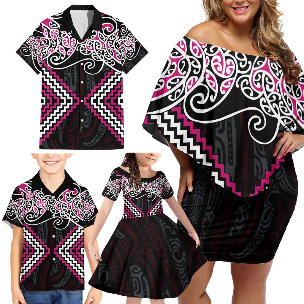 Pink Aotearoa Tukutuku Manawa Tapu Family Matching Off Shoulder Short Dress and Hawaiian Shirt Ta Moko Toi Maori LT9 - Polynesian Pride