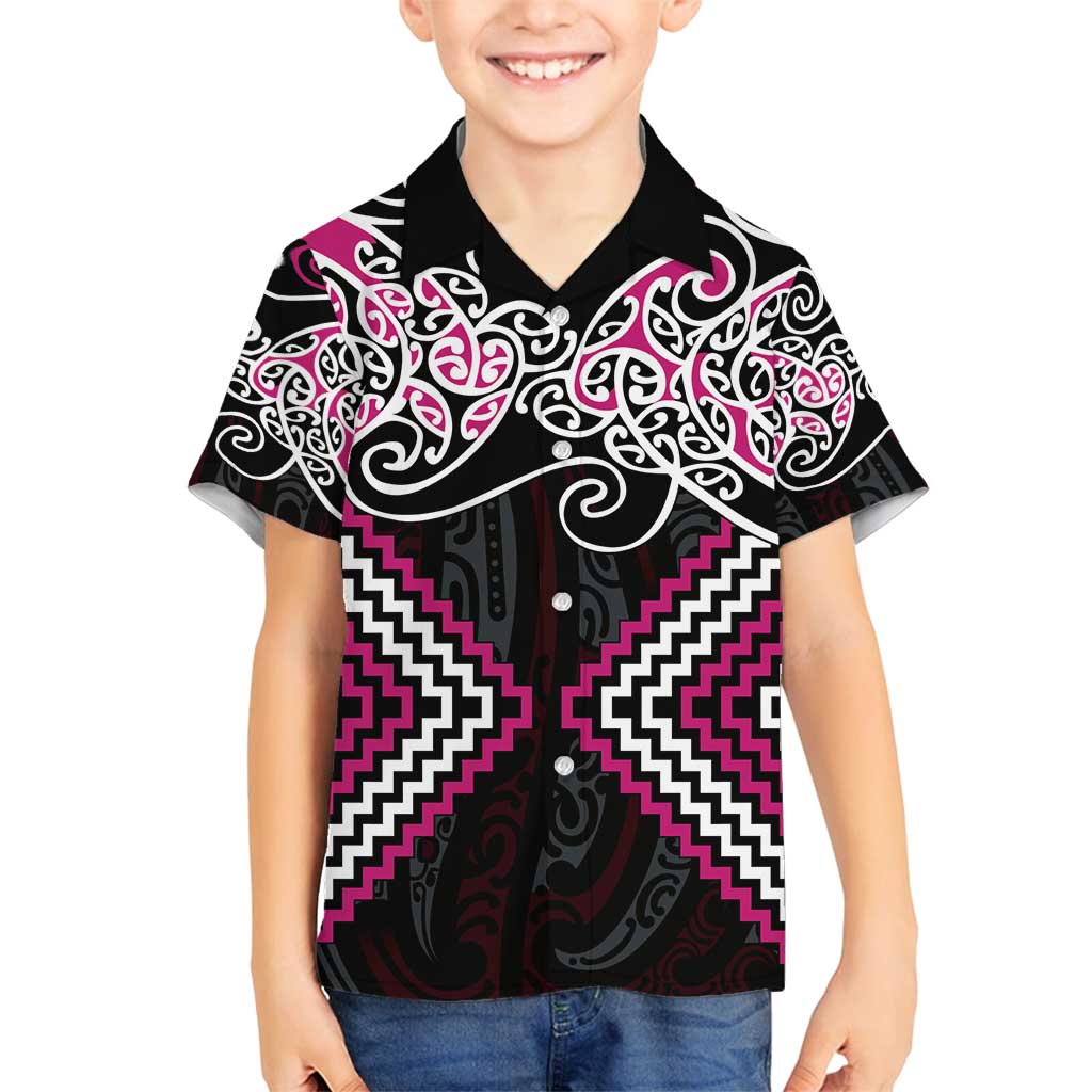 Pink Aotearoa Tukutuku Manawa Tapu Family Matching Off Shoulder Short Dress and Hawaiian Shirt Ta Moko Toi Maori LT9 Son's Shirt Pink - Polynesian Pride