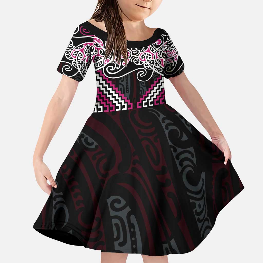 Pink Aotearoa Tukutuku Manawa Tapu Family Matching Puletasi and Hawaiian Shirt Ta Moko Toi Maori LT9 Daughter's Dress Pink - Polynesian Pride