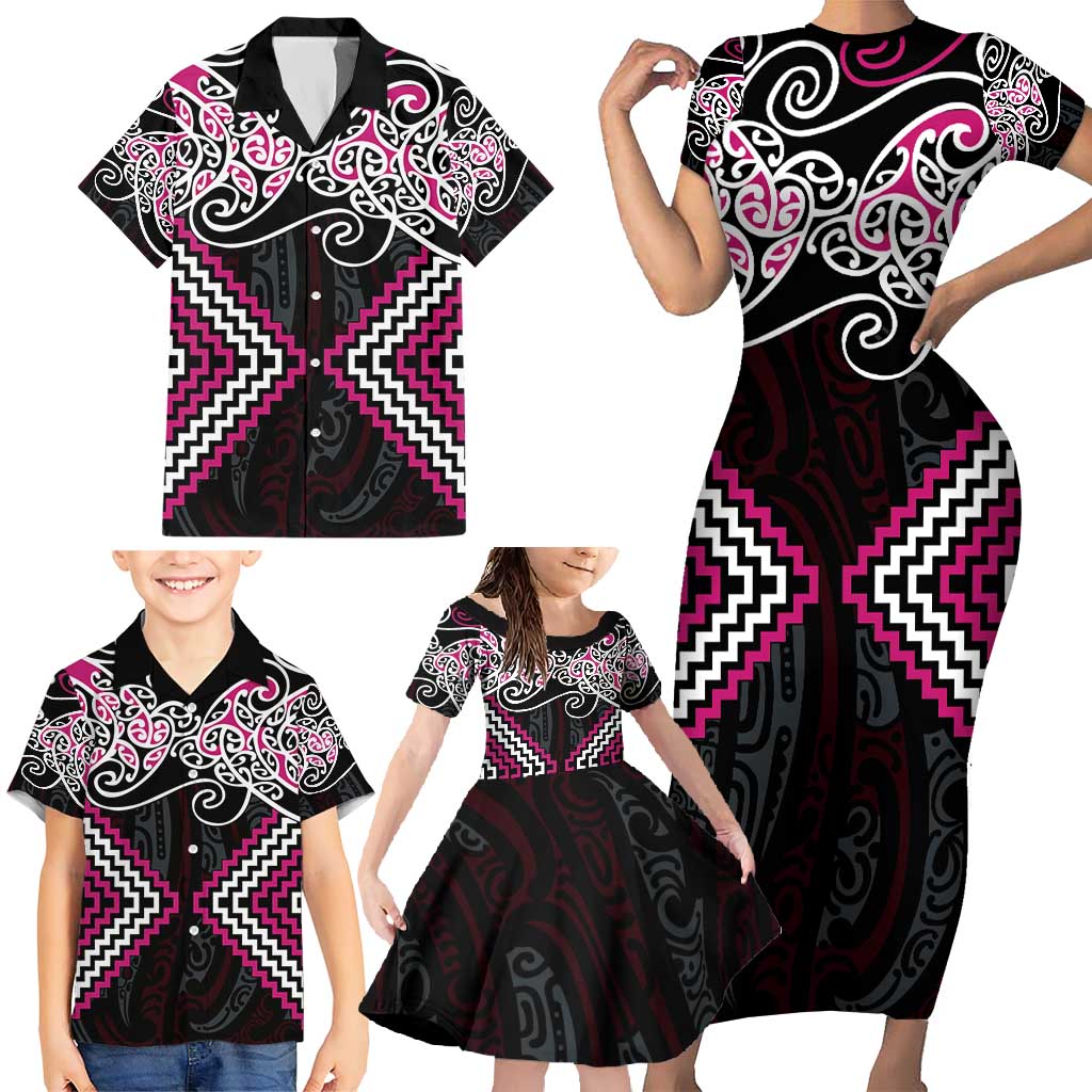 Pink Aotearoa Tukutuku Manawa Tapu Family Matching Short Sleeve Bodycon Dress and Hawaiian Shirt Ta Moko Toi Maori LT9 - Polynesian Pride
