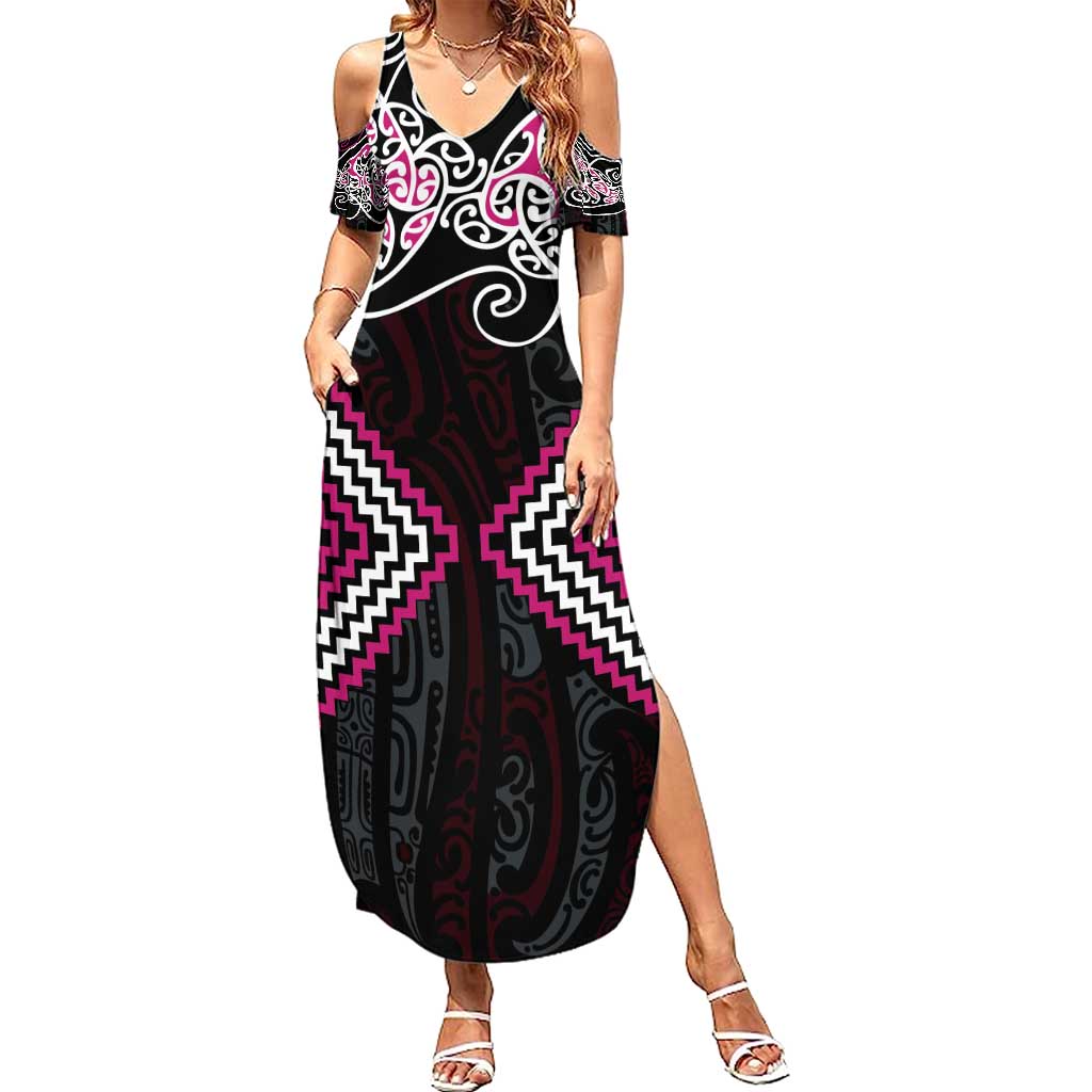 Pink Aotearoa Tukutuku Manawa Tapu Family Matching Summer Maxi Dress and Hawaiian Shirt Ta Moko Toi Maori LT9 Mom's Dress Pink - Polynesian Pride