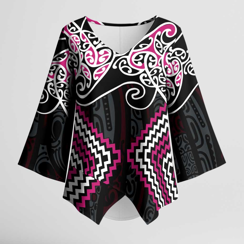 Pink Aotearoa Tukutuku Manawa Tapu Kimono Sleeve Blouse Ta Moko Toi Maori - Polynesian Pride
