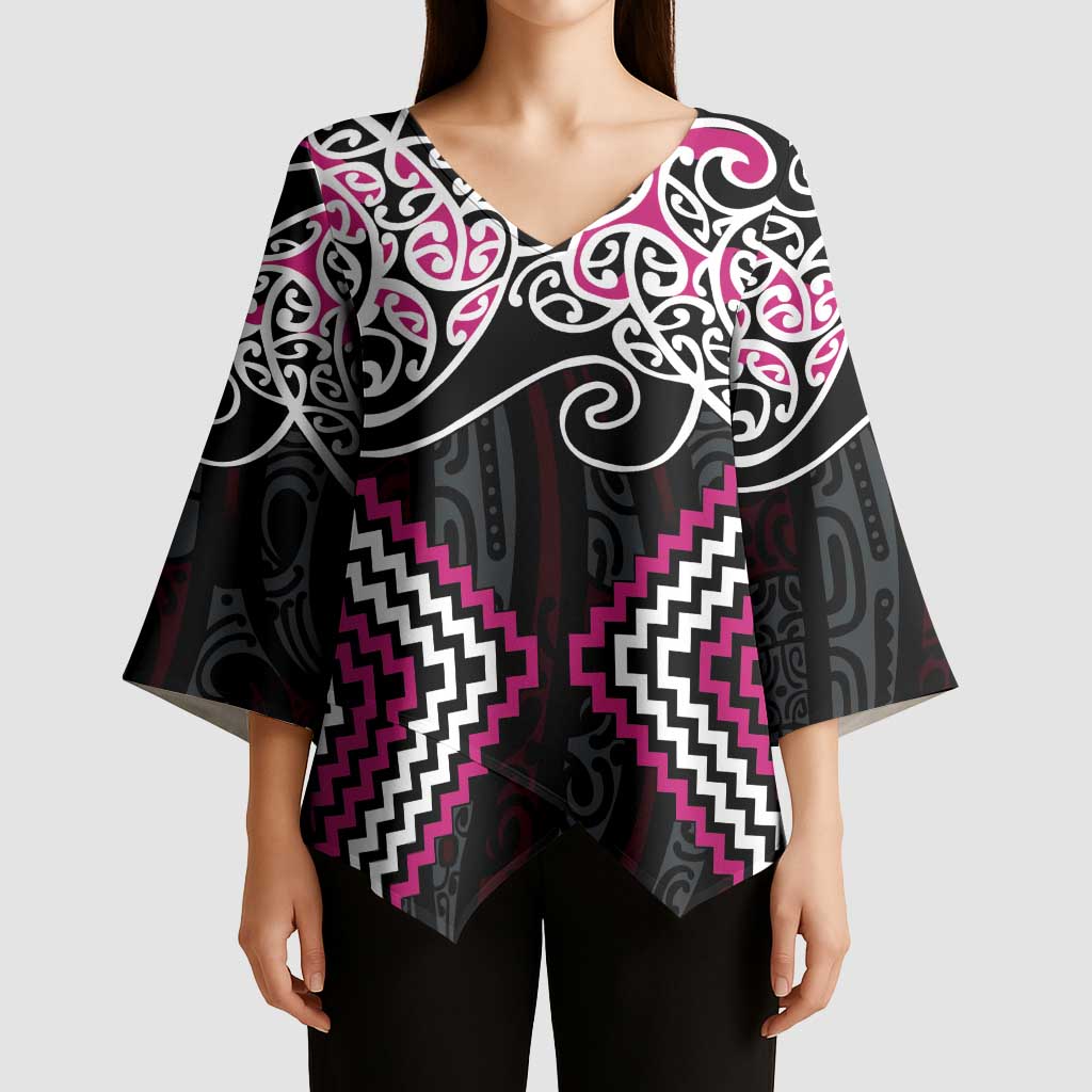 Pink Aotearoa Tukutuku Manawa Tapu Kimono Sleeve Blouse Ta Moko Toi Maori - Polynesian Pride