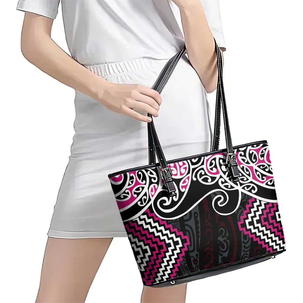 Pink Aotearoa Tukutuku Manawa Tapu Leather Tote Bag Ta Moko Toi Maori LT9 - Polynesian Pride