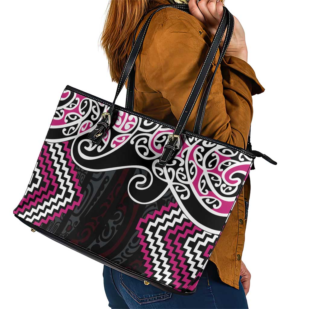 Pink Aotearoa Tukutuku Manawa Tapu Leather Tote Bag Ta Moko Toi Maori LT9 - Polynesian Pride