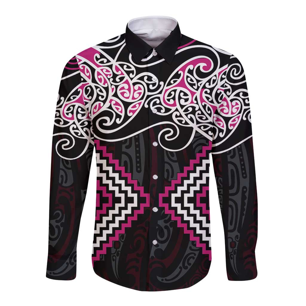 Pink Aotearoa Tukutuku Manawa Tapu Long Sleeve Button Shirt Ta Moko Toi Maori LT9 Unisex Pink - Polynesian Pride