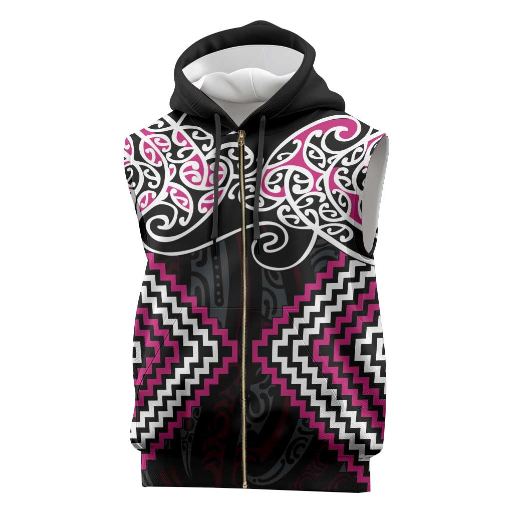 Pink Aotearoa Tukutuku Manawa Tapu Sleeveless Zip Hoodie Ta Moko Toi Maori - Polynesian Pride