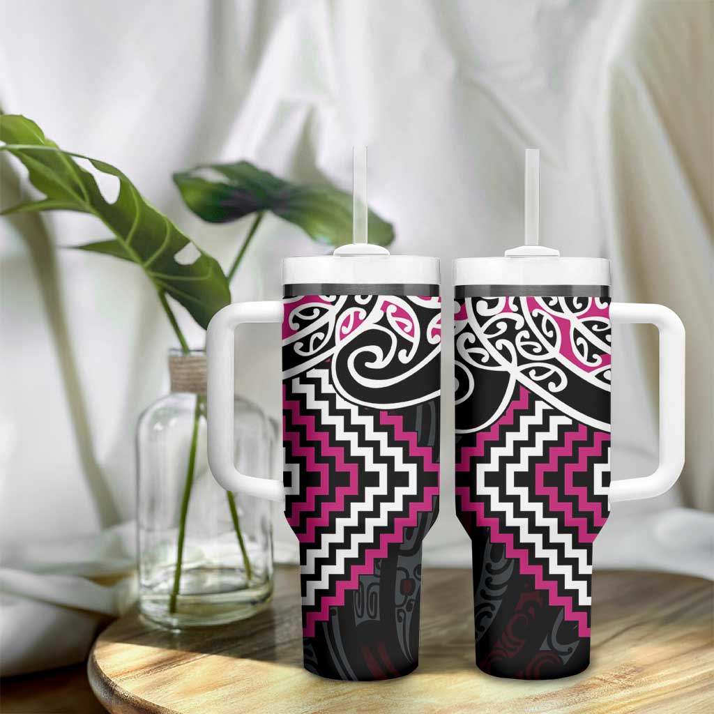 Pink Aotearoa Tukutuku Manawa Tapu Tumbler With Handle Ta Moko Toi Maori LT9 - Polynesian Pride