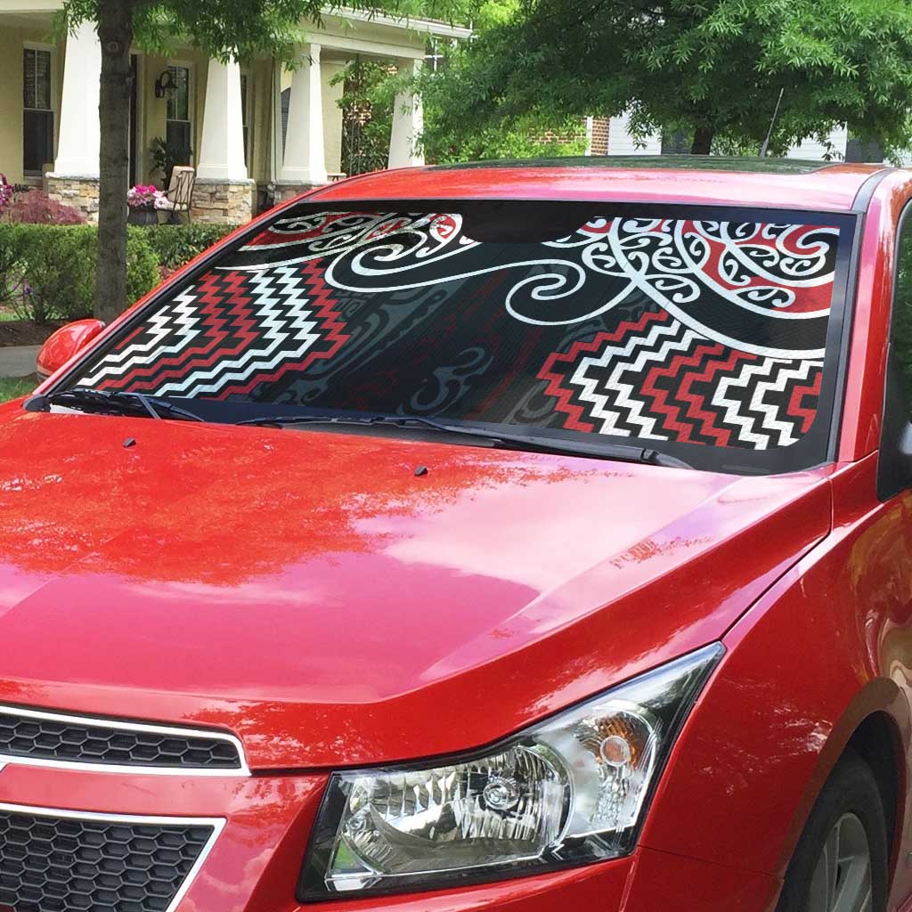 Red Aotearoa Tukutuku Manawa Tapu Auto Sun Shade Ta Moko Toi Maori - Polynesian Pride