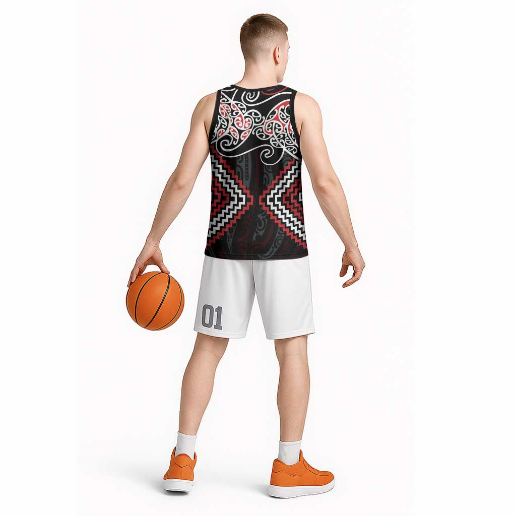 Red Aotearoa Tukutuku Manawa Tapu Basketball Jersey Ta Moko Toi Maori - Polynesian Pride