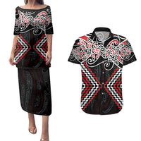 Red Aotearoa Tukutuku Manawa Tapu Couples Matching Puletasi and Hawaiian Shirt Ta Moko Toi Maori