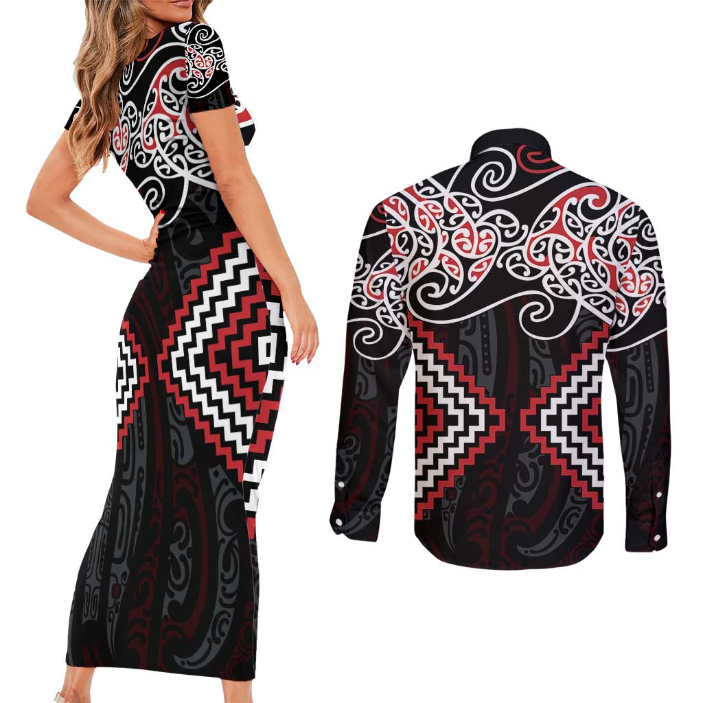 Red Aotearoa Tukutuku Manawa Tapu Couples Matching Short Sleeve Bodycon Dress and Long Sleeve Button Shirt Ta Moko Toi Maori