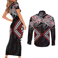 Red Aotearoa Tukutuku Manawa Tapu Couples Matching Short Sleeve Bodycon Dress and Long Sleeve Button Shirt Ta Moko Toi Maori