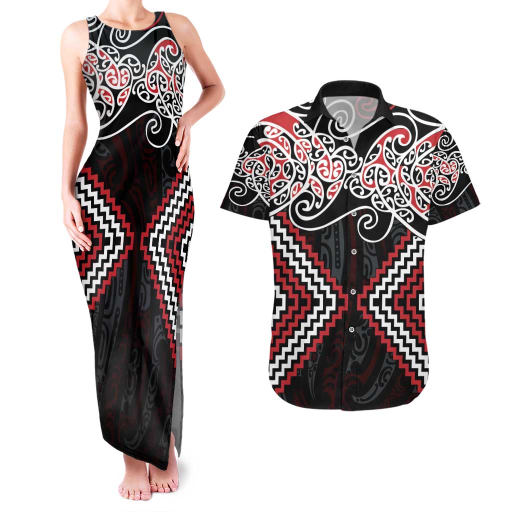 Red Aotearoa Tukutuku Manawa Tapu Couples Matching Tank Maxi Dress and Hawaiian Shirt Ta Moko Toi Maori LT9 Red - Polynesian Pride