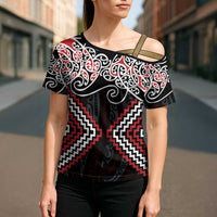 Red Aotearoa Tukutuku Manawa Tapu Cross Shoulder Shirt Ta Moko Toi Maori - Polynesian Pride