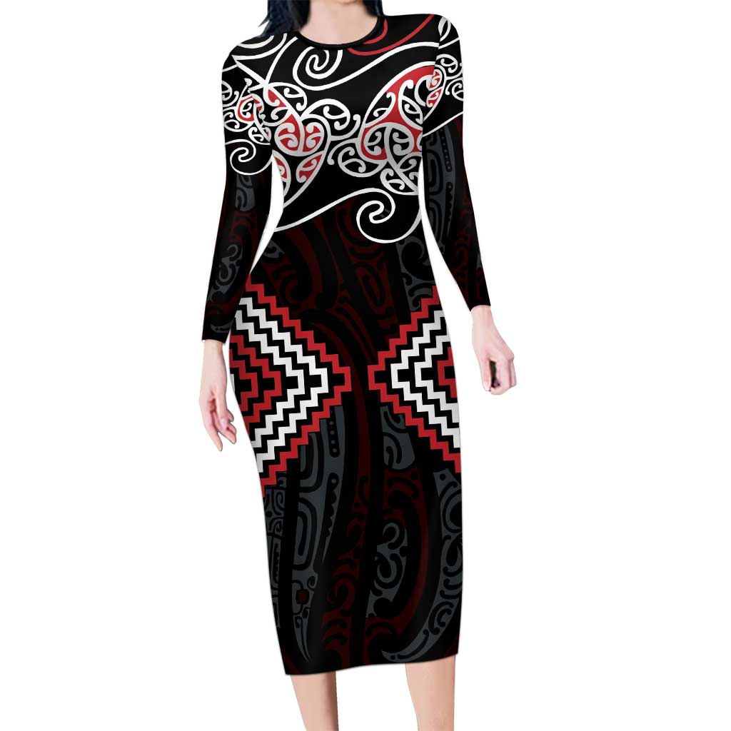 Red Aotearoa Tukutuku Manawa Tapu Family Matching Long Sleeve Bodycon Dress and Hawaiian Shirt Ta Moko Toi Maori LT9 Mom's Dress Red - Polynesian Pride