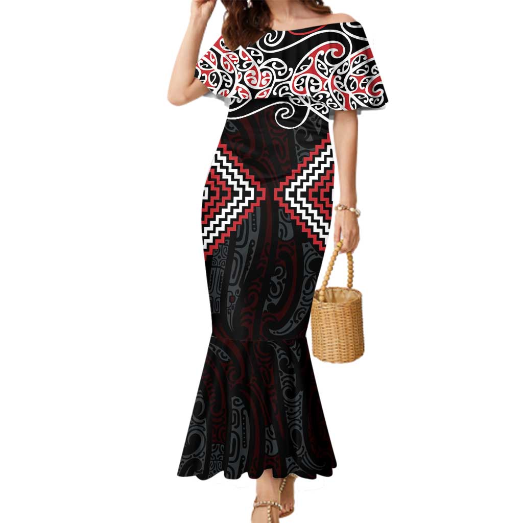 Red Aotearoa Tukutuku Manawa Tapu Family Matching Mermaid Dress and Hawaiian Shirt Ta Moko Toi Maori LT9 Mom's Dress Red - Polynesian Pride
