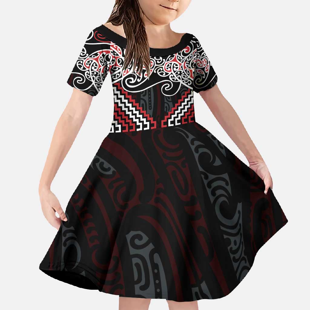 Red Aotearoa Tukutuku Manawa Tapu Family Matching Off Shoulder Maxi Dress and Hawaiian Shirt Ta Moko Toi Maori LT9 Daughter's Dress Red - Polynesian Pride