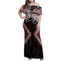 Red Aotearoa Tukutuku Manawa Tapu Family Matching Off Shoulder Maxi Dress and Hawaiian Shirt Ta Moko Toi Maori LT9 Mom's Dress Red - Polynesian Pride