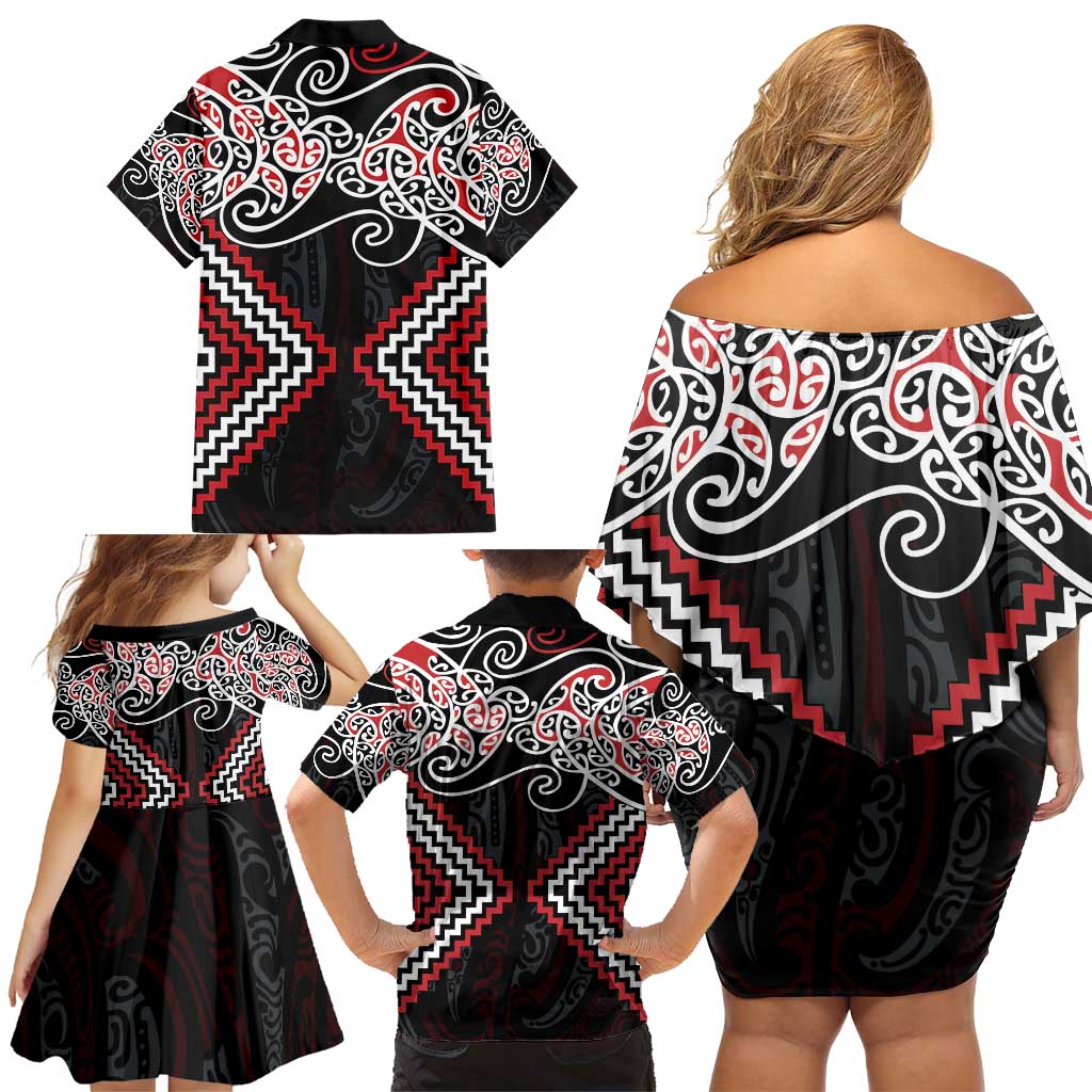 Red Aotearoa Tukutuku Manawa Tapu Family Matching Off Shoulder Short Dress and Hawaiian Shirt Ta Moko Toi Maori LT9 - Polynesian Pride