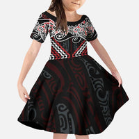 Red Aotearoa Tukutuku Manawa Tapu Family Matching Puletasi and Hawaiian Shirt Ta Moko Toi Maori LT9 Daughter's Dress Red - Polynesian Pride