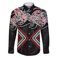Red Aotearoa Tukutuku Manawa Tapu Family Matching Short Sleeve Bodycon Dress and Hawaiian Shirt Ta Moko Toi Maori LT9 Dad's Shirt - Long Sleeve Red - Polynesian Pride