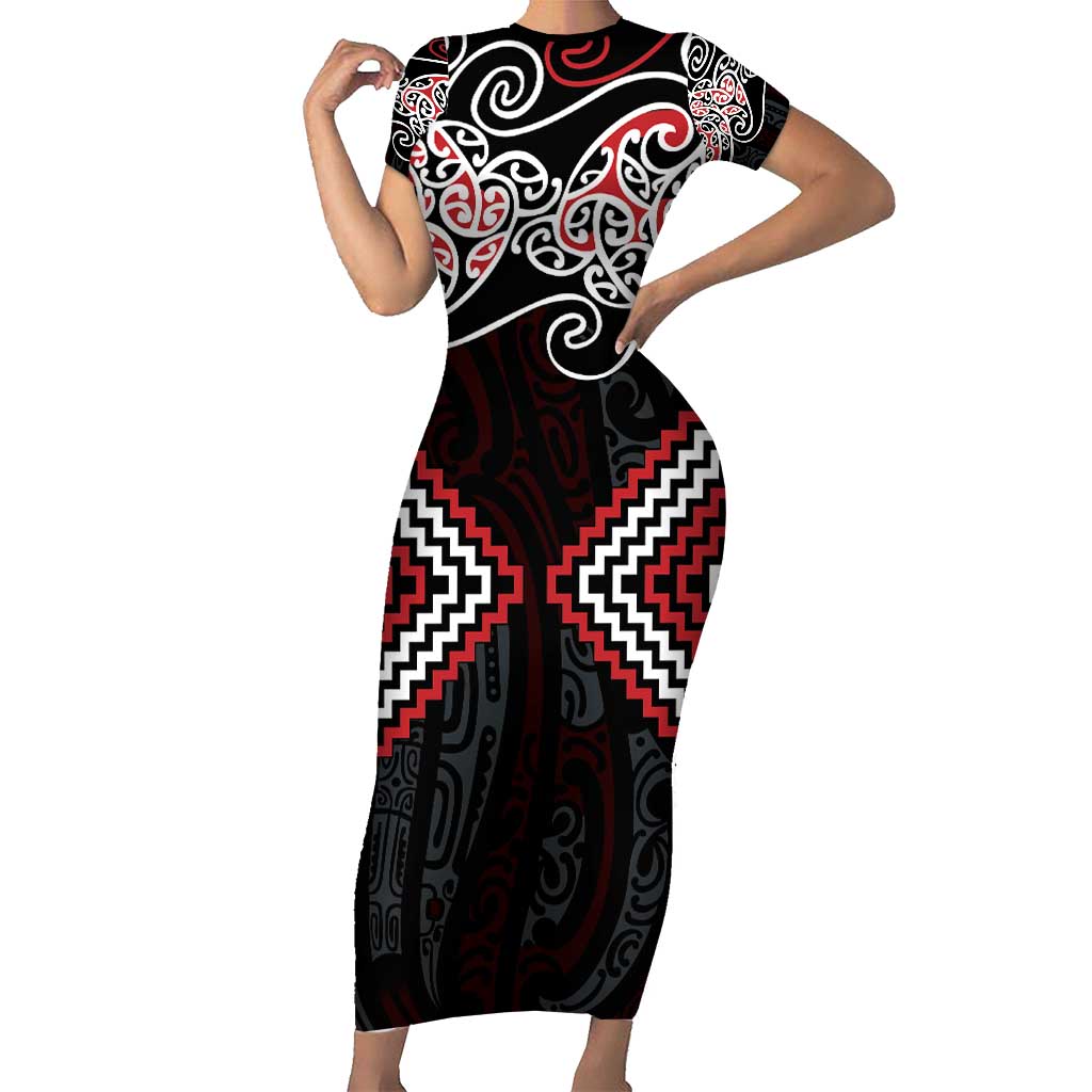 Red Aotearoa Tukutuku Manawa Tapu Family Matching Short Sleeve Bodycon Dress and Hawaiian Shirt Ta Moko Toi Maori LT9 Mom's Dress Red - Polynesian Pride
