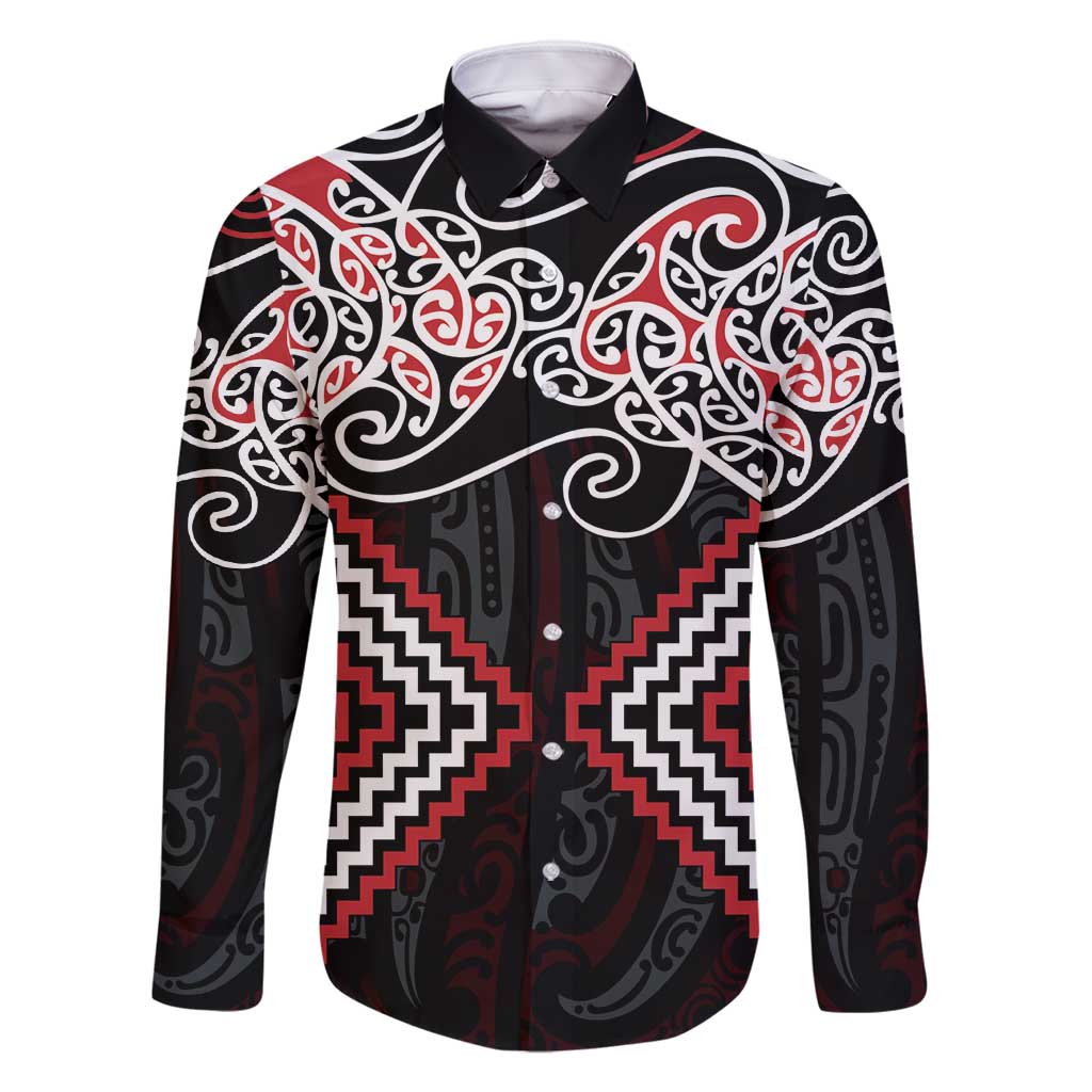 Red Aotearoa Tukutuku Manawa Tapu Family Matching Summer Maxi Dress and Hawaiian Shirt Ta Moko Toi Maori LT9 Dad's Shirt - Long Sleeve Red - Polynesian Pride