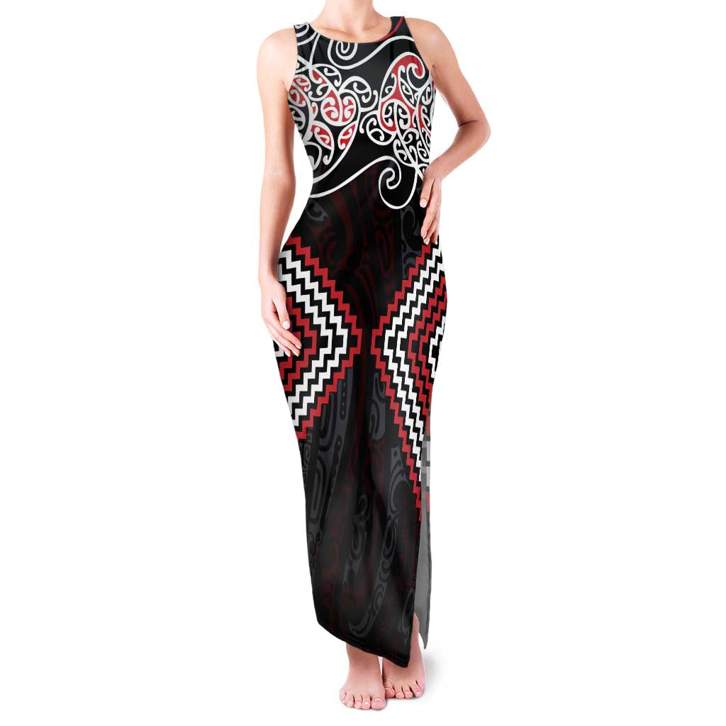 Red Aotearoa Tukutuku Manawa Tapu Family Matching Tank Maxi Dress and Hawaiian Shirt Ta Moko Toi Maori LT9 Mom's Dress Red - Polynesian Pride