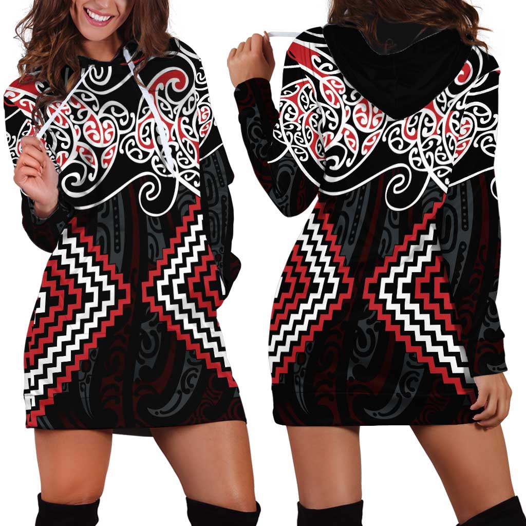 Red Aotearoa Tukutuku Manawa Tapu Hoodie Dress Ta Moko Toi Maori