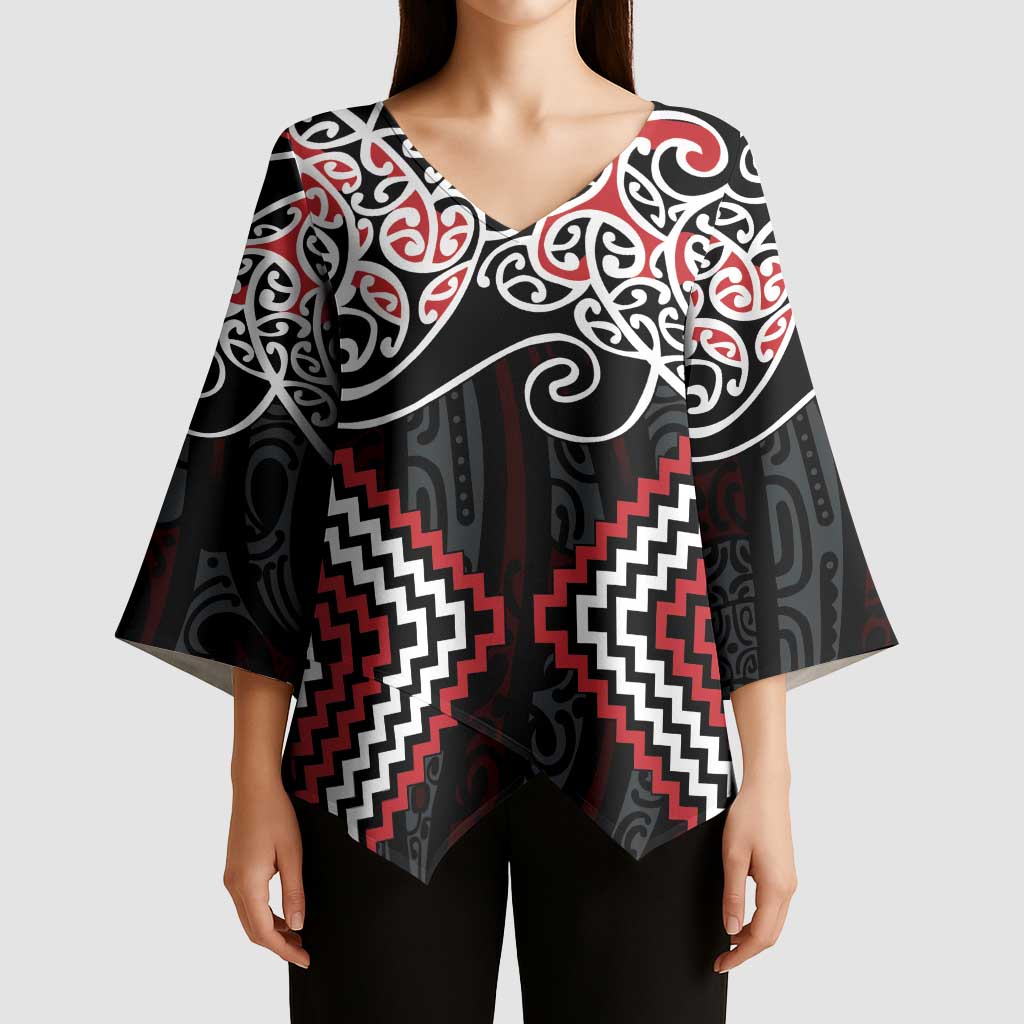 Red Aotearoa Tukutuku Manawa Tapu Kimono Sleeve Blouse Ta Moko Toi Maori - Polynesian Pride