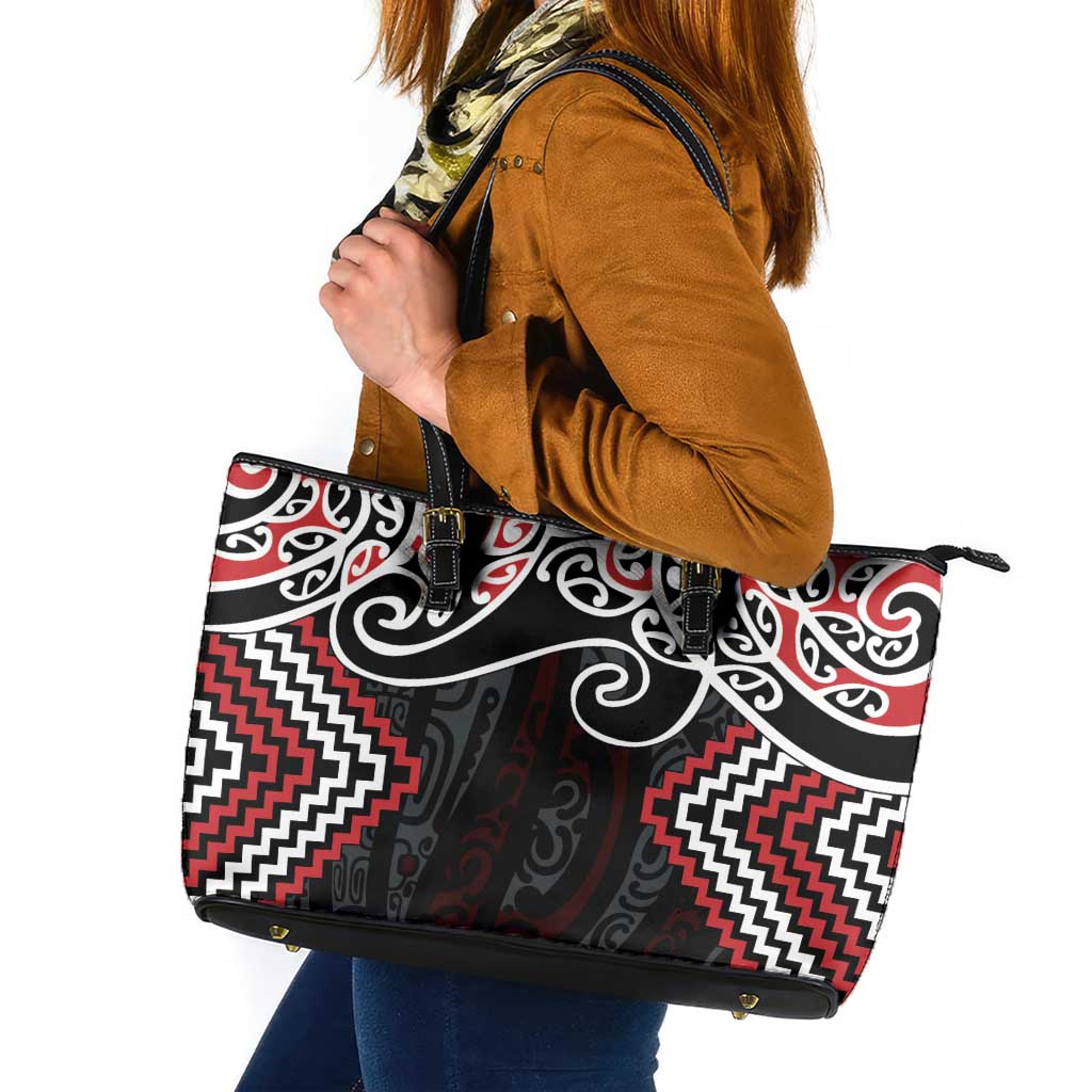 Red Aotearoa Tukutuku Manawa Tapu Leather Tote Bag Ta Moko Toi Maori LT9 Red - Polynesian Pride