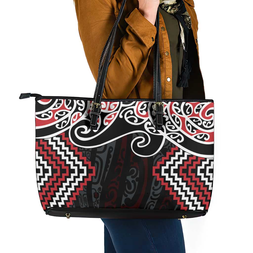 Red Aotearoa Tukutuku Manawa Tapu Leather Tote Bag Ta Moko Toi Maori LT9 - Polynesian Pride
