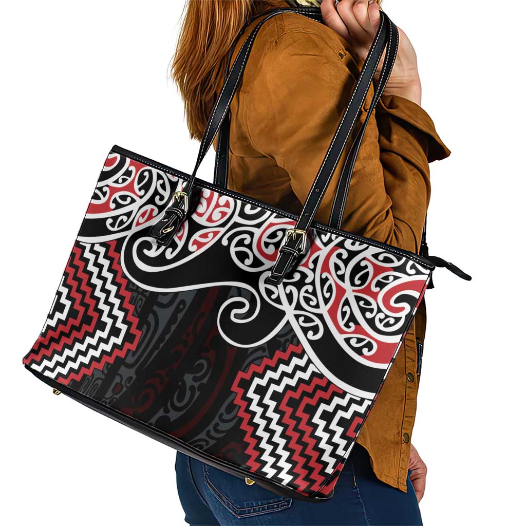 Red Aotearoa Tukutuku Manawa Tapu Leather Tote Bag Ta Moko Toi Maori LT9 - Polynesian Pride