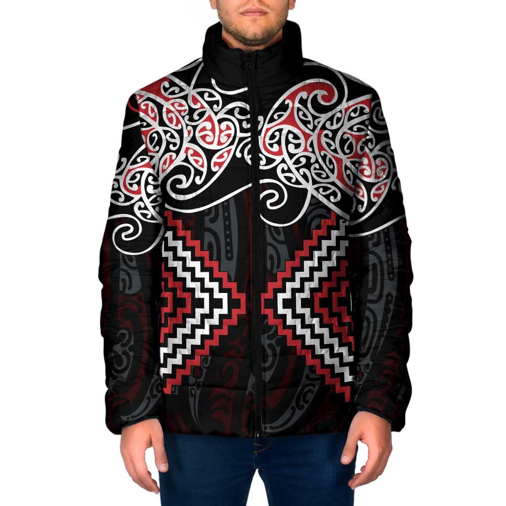 Red Aotearoa Tukutuku Manawa Tapu Padded Jacket Ta Moko Toi Maori - Polynesian Pride
