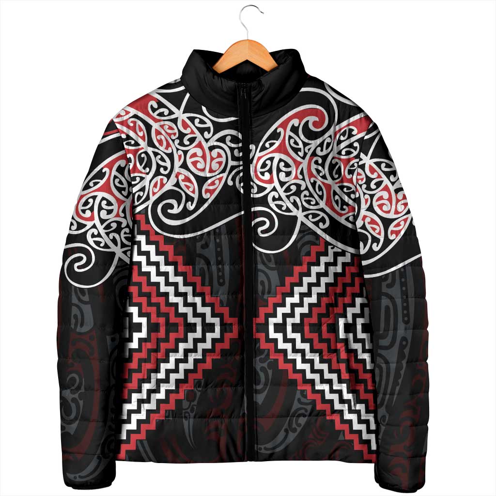 Red Aotearoa Tukutuku Manawa Tapu Padded Jacket Ta Moko Toi Maori - Polynesian Pride