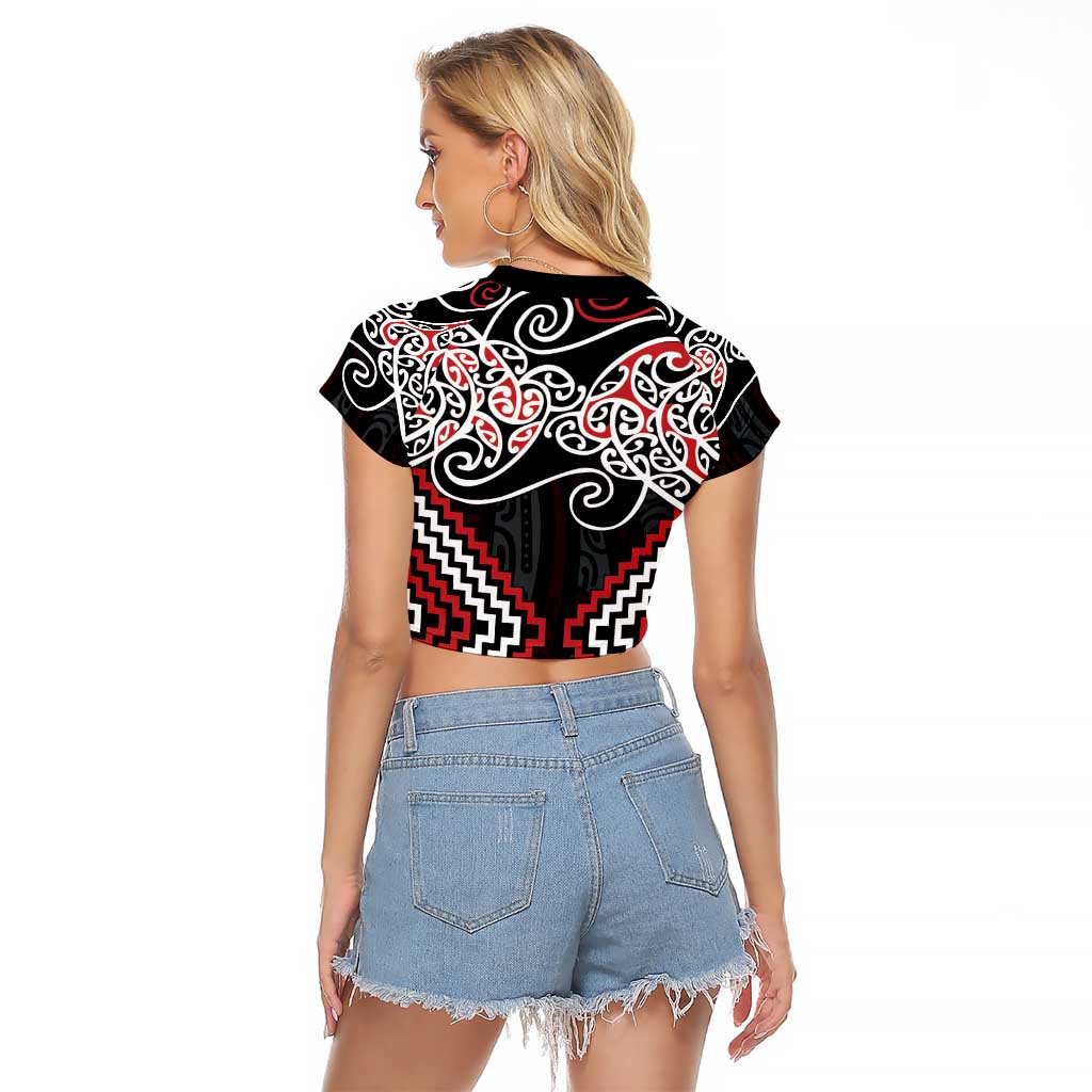 Red Aotearoa Tukutuku Manawa Tapu Raglan Cropped T Shirt Ta Moko Toi Maori LT9 - Polynesian Pride