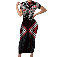 Red Aotearoa Tukutuku Manawa Tapu Short Sleeve Bodycon Dress Ta Moko Toi Maori
