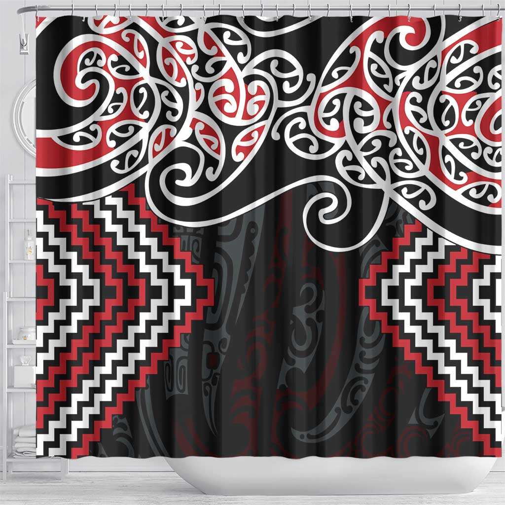 Red Aotearoa Tukutuku Manawa Tapu Shower Curtain Ta Moko Toi Maori