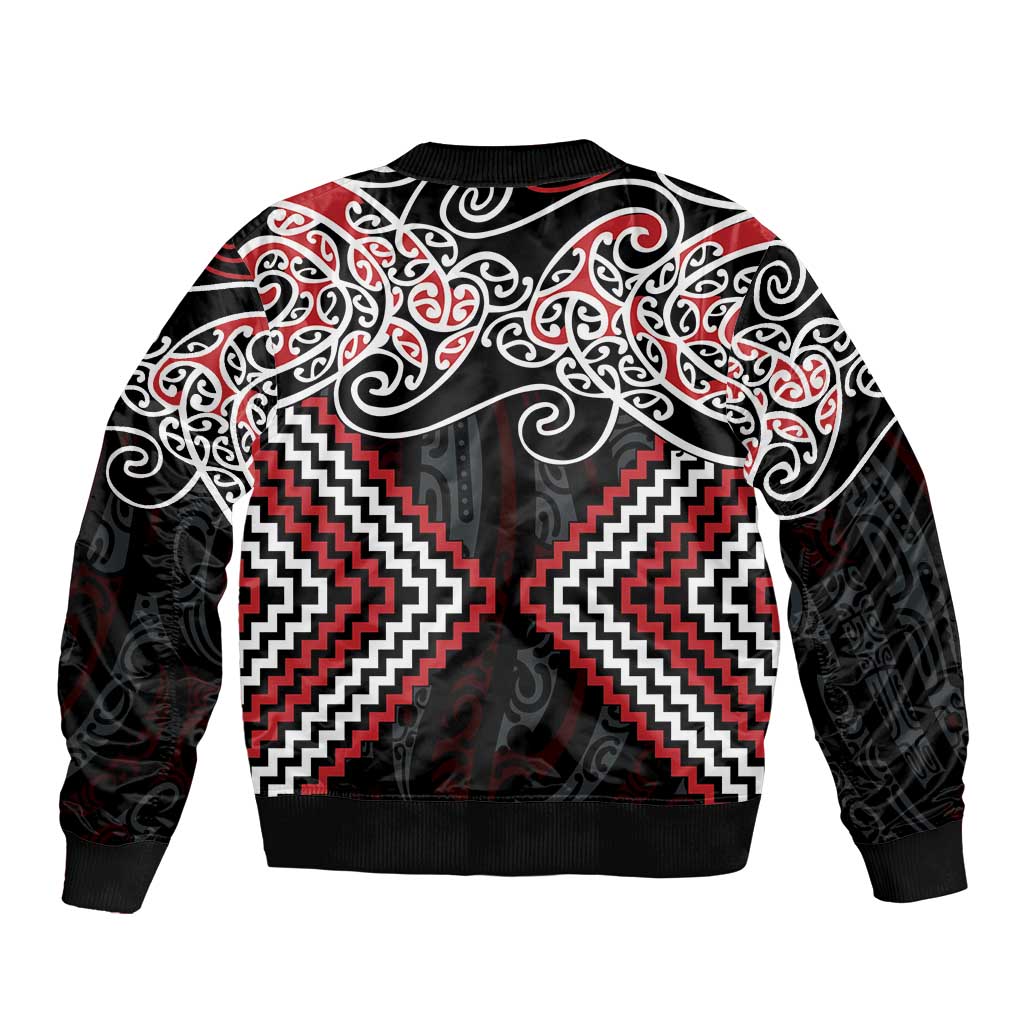 Red Aotearoa Tukutuku Manawa Tapu Sleeve Zip Bomber Jacket Ta Moko Toi Maori