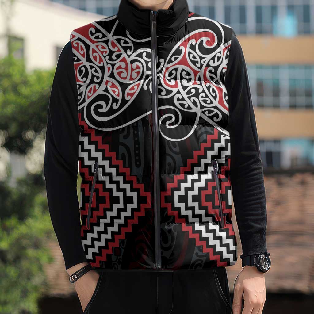 Red Aotearoa Tukutuku Manawa Tapu Sleeveless Puffer Jacket Ta Moko Toi Maori - Polynesian Pride