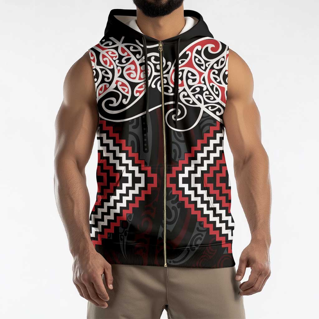 Red Aotearoa Tukutuku Manawa Tapu Sleeveless Zip Hoodie Ta Moko Toi Maori - Polynesian Pride