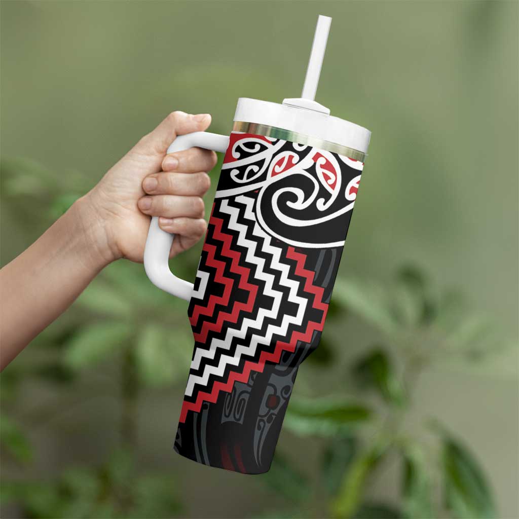 Red Aotearoa Tukutuku Manawa Tapu Tumbler With Handle Ta Moko Toi Maori LT9 - Polynesian Pride