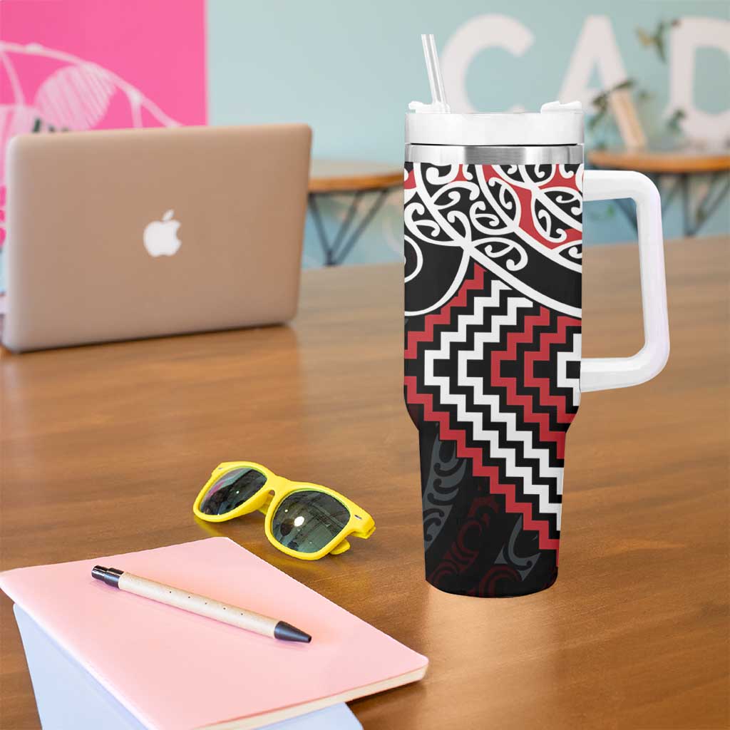Red Aotearoa Tukutuku Manawa Tapu Tumbler With Handle Ta Moko Toi Maori LT9 - Polynesian Pride